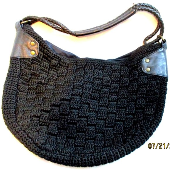 Le Sak Handbags - Le Sak Original Vintage Sequoia Crochet Woven with Leather Trim Black Hobo Purse